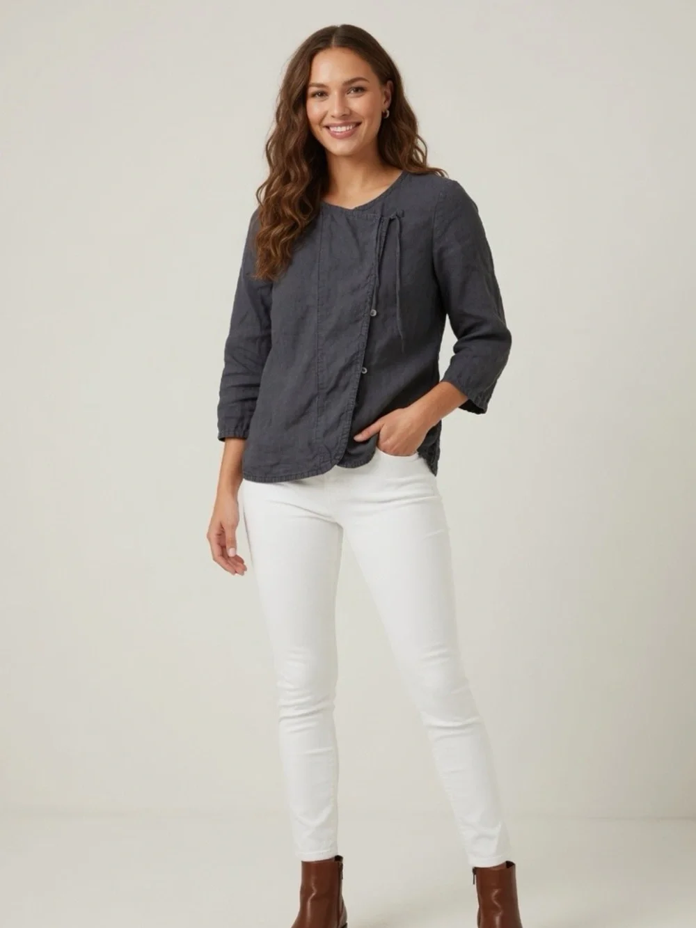 Poetry Women’s Charcoal Gray Lightweight 100% Linen Cross Top Size 4